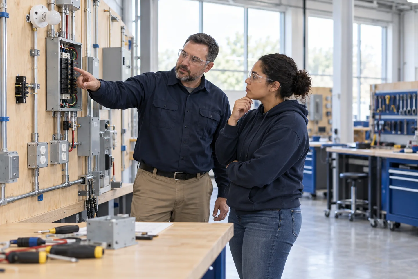 An instructor and adult learner examine a de-energized electrical training panel.