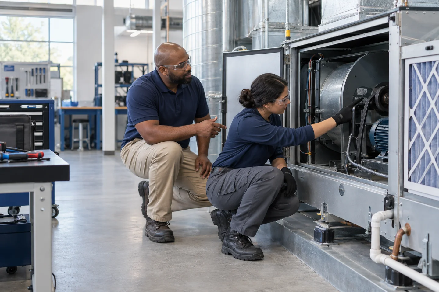 An adult learner inspects a training air-handling unit with an instructor nearby.