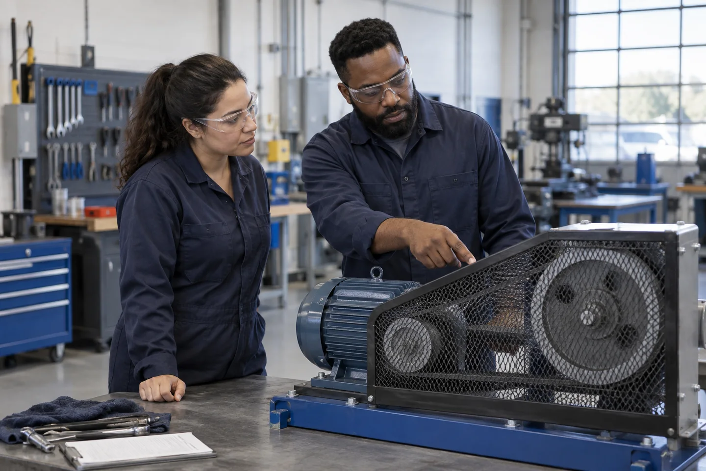 Two adult learners review a guarded motor-and-belt training rig.